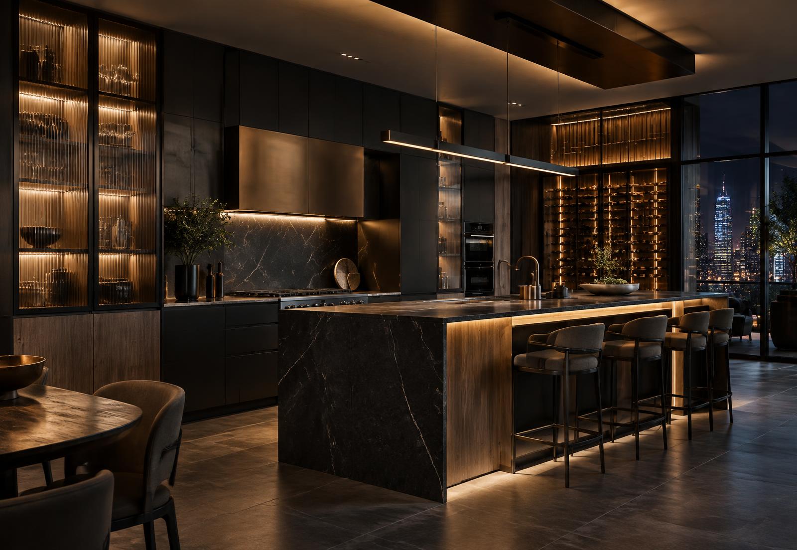 Cozinha sob medida com ilha gourmet e iluminação embutida